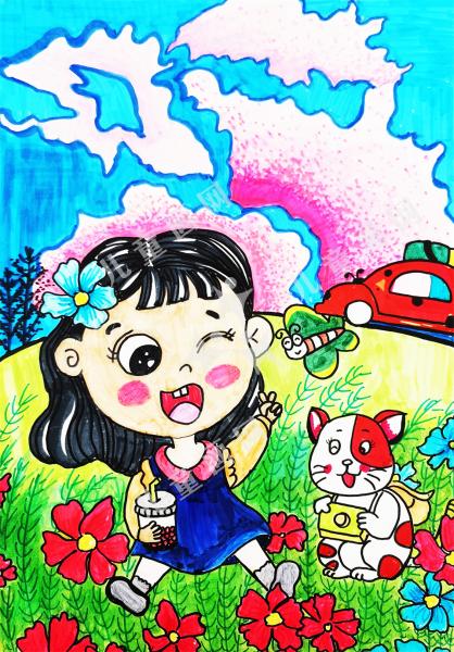 彩霞下的女孩