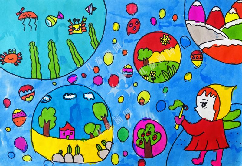 吹泡泡的小女孩